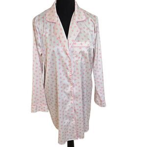 Tabitha Webb Sleepwear Womens Silky Heart Print Long Sleeve Button Front Nightsh